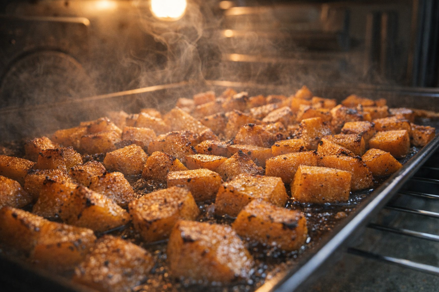 An action shot of butternut squash cubes roasting in the oven, golden brown and slightly caramelized, visible steam, warm oven light